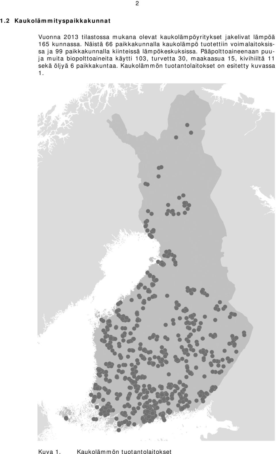 Näistä 66 paikkakunnalla kaukolämpö tuotettiin voimalaitoksissa ja 99 paikkakunnalla kiinteissä lämpökeskuksissa.