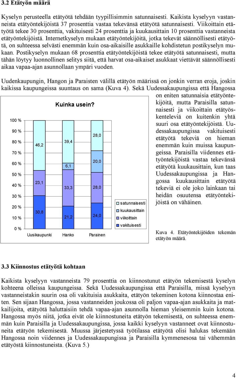 Internetkyselyn mukaan etätyöntekijöitä, jotka tekevät säännöllisesti etätyötä, on suhteessa selvästi enemmän kuin osa aikaisille asukkaille kohdistetun postikyselyn mukaan.