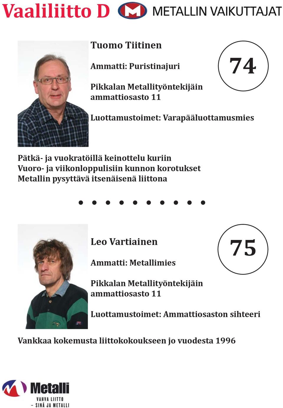 kunnon korotukset Metallin pysyttävä itsenäisenä liittona Leo Vartiainen Ammatti: Metallimies 75 Pikkalan