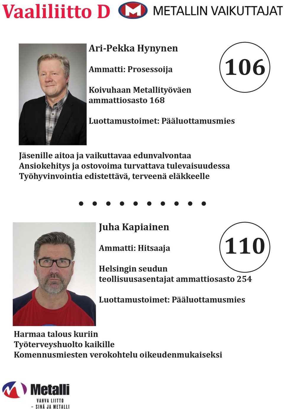 Työhyvinvointia edistettävä, terveenä eläkkeelle Juha Kapiainen Ammatti: Hitsaaja 110 Helsingin seudun teollisuusasentajat