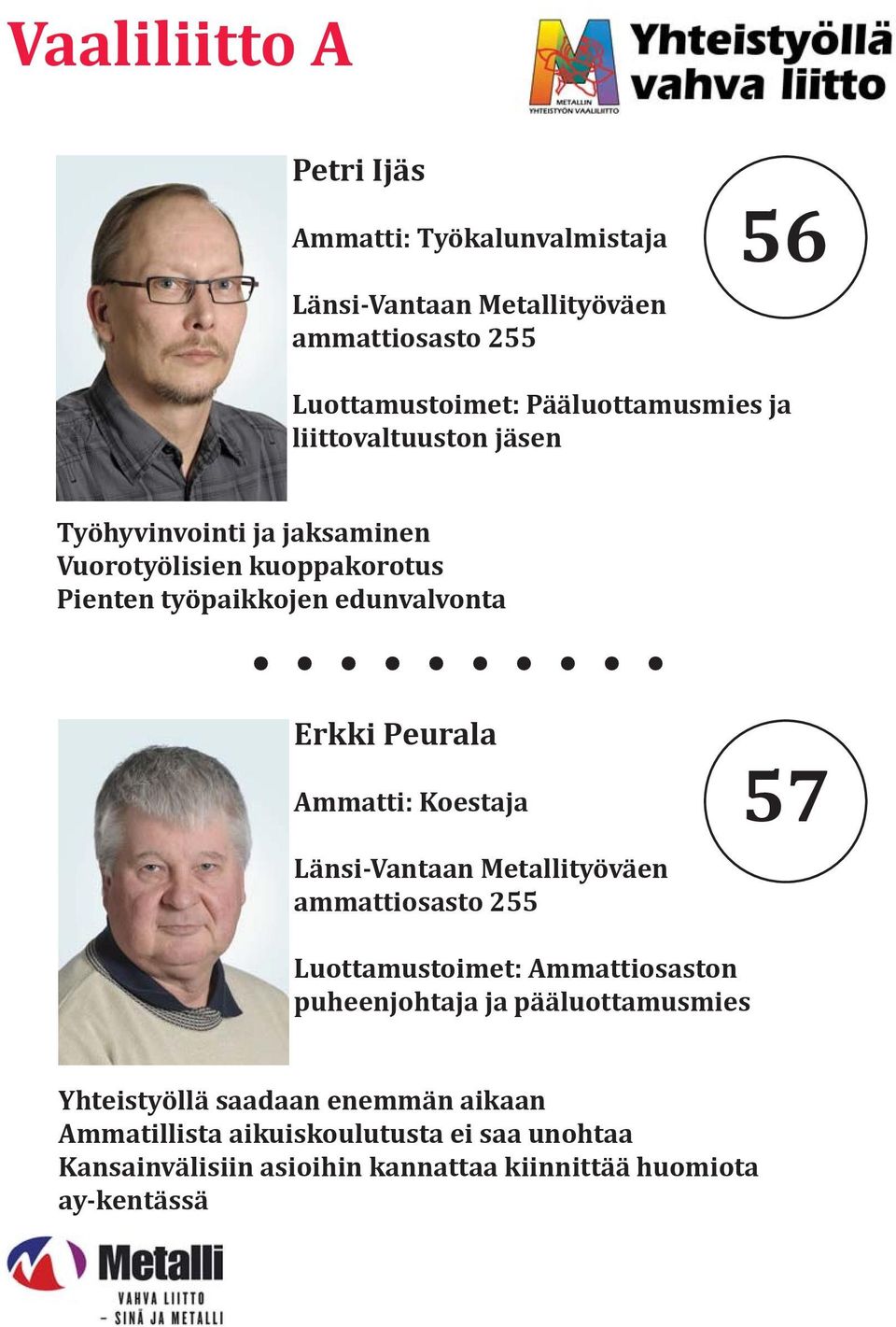 Ammatti: Koestaja Länsi-Vantaan Metallityöväen ammattiosasto 255 57 Luottamustoimet: Ammattiosaston puheenjohtaja ja pääluottamusmies