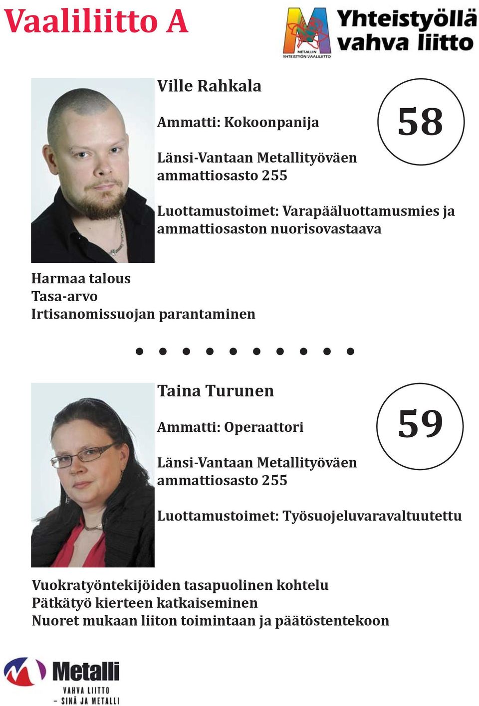 Turunen Ammatti: Operaattori Länsi-Vantaan Metallityöväen ammattiosasto 255 59 Luottamustoimet: