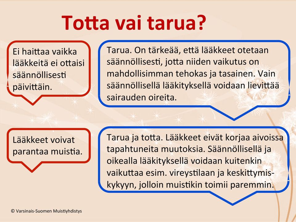 Vain säännöllisellä lääkityksellä voidaan lievi0ää sairauden oireita. Lääkkeet voivat parantaa muis%a. Tarua ja to0a.