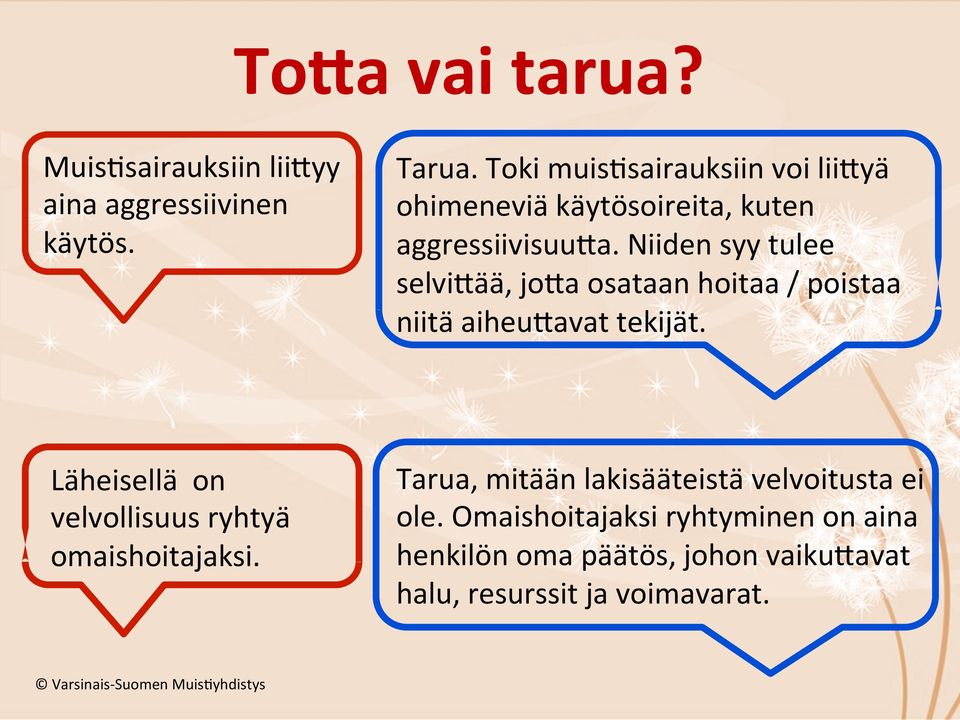 Niiden syy tulee selvi0ää, jo0a osataan hoitaa / poistaa niitä aiheu0avat tekijät.