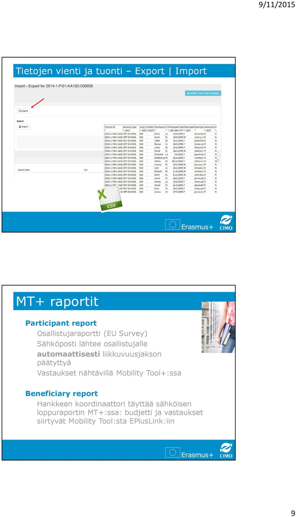 Vastaukset nähtävillä Mobility Tool+:ssa Beneficiary report Hankkeen koordinaattori täyttää