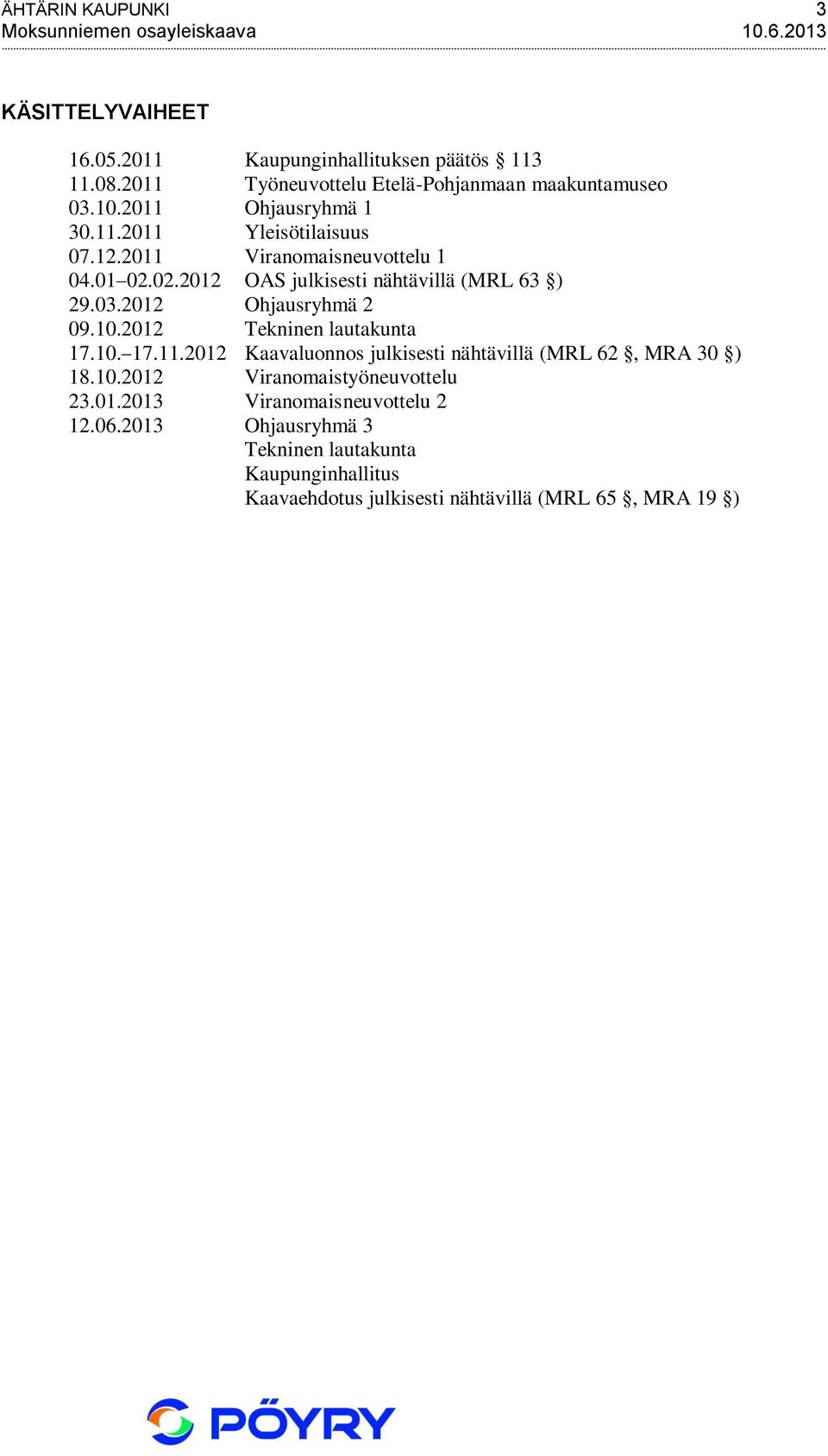 02.2012 OAS julkisesti nähtävillä (MRL 63 ) 29.03.2012 Ohjausryhmä 2 09.10.2012 Tekninen lautakunta 17.10. 17.11.