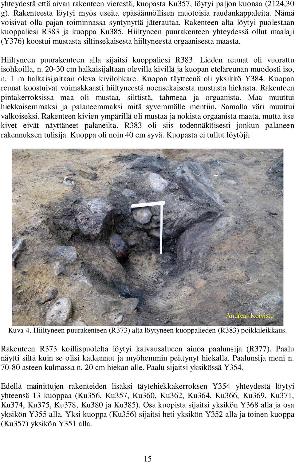 Hiiltyneen puurakenteen yhteydessä ollut maalaji (Y376) koostui mustasta siltinsekaisesta hiiltyneestä orgaanisesta maasta. Hiiltyneen puurakenteen alla sijaitsi kuoppaliesi R383.