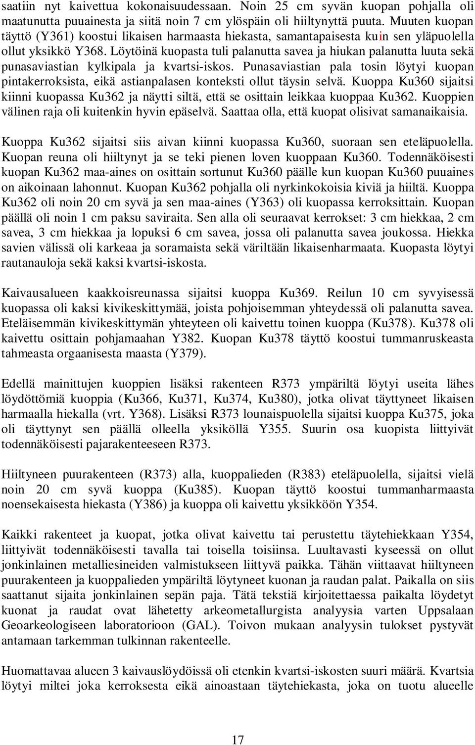 Löytöinä kuopasta tuli palanutta savea ja hiukan palanutta luuta sekä punasaviastian kylkipala ja kvartsi-iskos.
