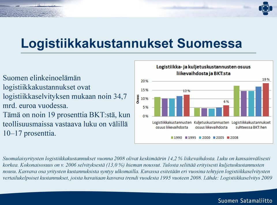 Suomalaisyritysten logistiikkakustannukset vuonna 2008 olivat keskimäärin 14,2 % liikevaihdosta. Luku on kansainvälisesti korkea. Kokonaisosuus on v.