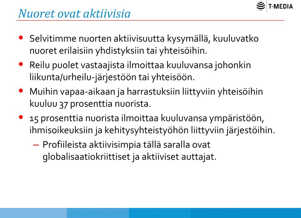 Muihin vapaa-aikaan ja harrastuksiin liittyviin yhteisöihin kuuluu 37 prosenttia nuorista.