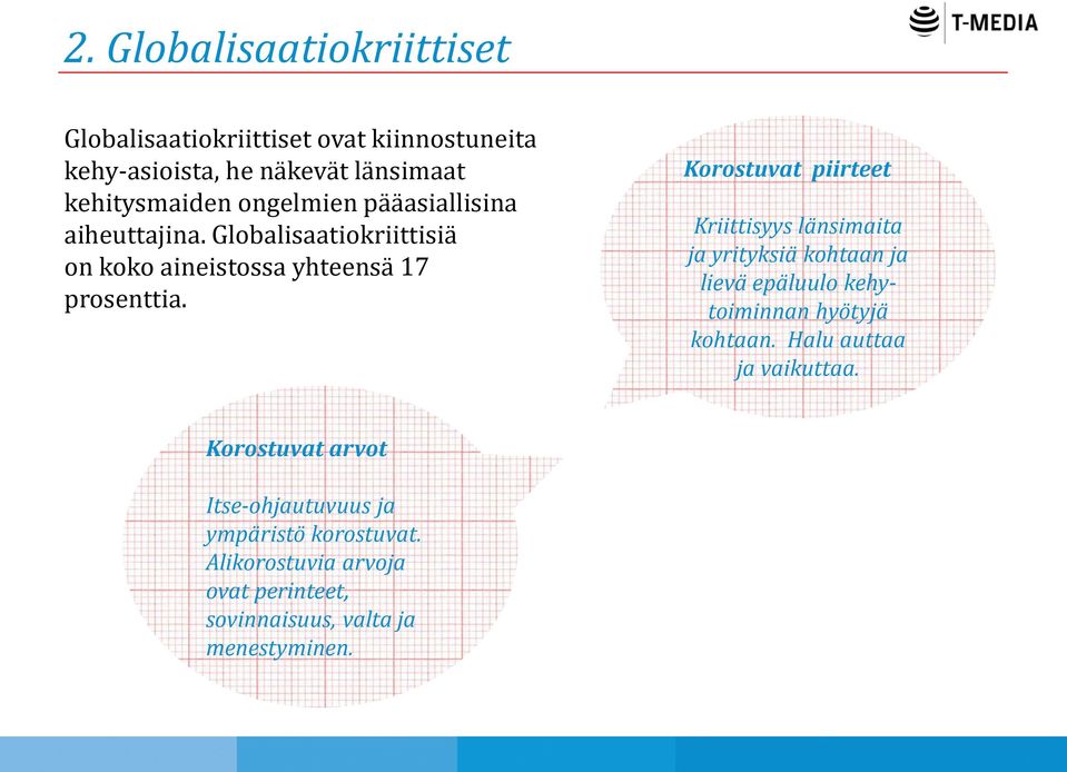 Korostuvat piirteet Kriittisyys länsimaita ja yrityksiä kohtaan ja lievä epäluulo kehytoiminnan hyötyjä kohtaan.