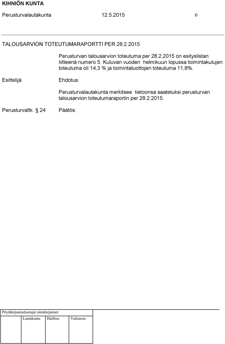 Kuluvan vuoden helmikuun lopussa toimintakulujen toteutuma oli 14,3 % ja toimintatuottojen