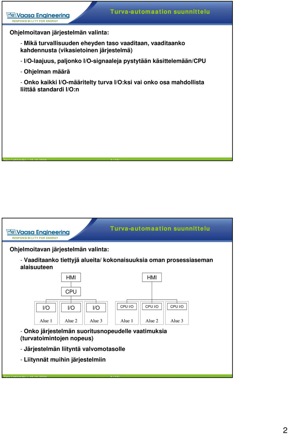 2006 3 (15) Ohjelmoitavan järjestelmän valinta: - Vaaditaanko tiettyjä alueita/ kokonaisuuksia oman prosessiaseman alaisuuteen HMI CPU HMI I/O I/O I/O CPU I/O CPU I/O CPU I/O Alue 1