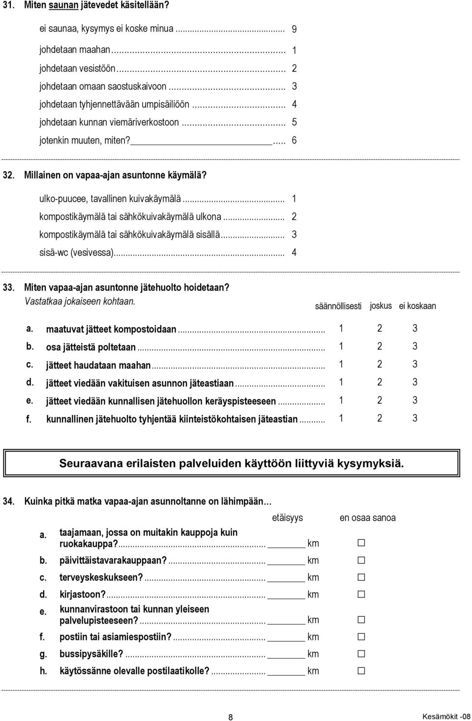 .. 1 kompostikäymälä tai sähkökuivakäymälä ulkona... 2 kompostikäymälä tai sähkökuivakäymälä sisällä... 3 sisä-wc (vesivessa)... 4 33. Miten vapaa-ajan asuntonne jätehuolto hoidetaan?