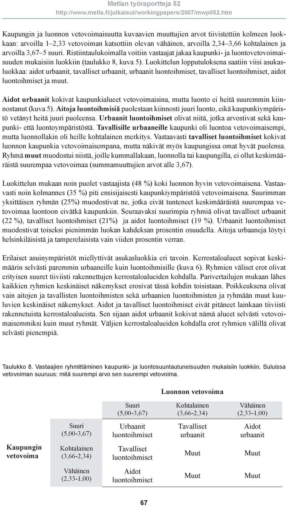 Luokittelun lopputuloksena saatiin viisi asukasluokkaa: aidot urbaanit, tavalliset urbaanit, urbaanit luontoihmiset, tavalliset luontoihmiset, aidot luontoihmiset ja muut.