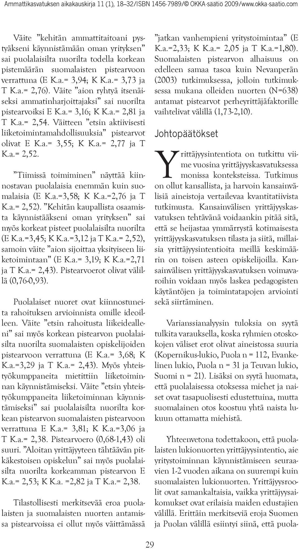 Väitteen etsin aktiivisesti liiketoimintamahdollisuuksia pistearvot olivat E K.a.= 3,55; K K.a.= 2,77 ja T K.a.= 2,52.