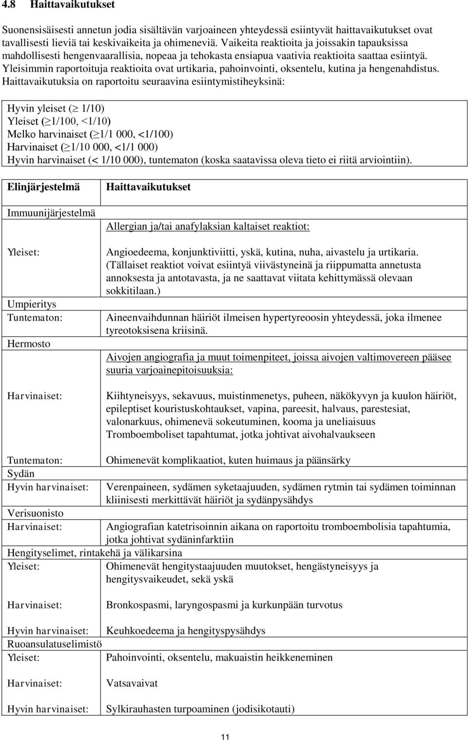 Yleisimmin raportoituja reaktioita ovat urtikaria, pahoinvointi, oksentelu, kutina ja hengenahdistus.