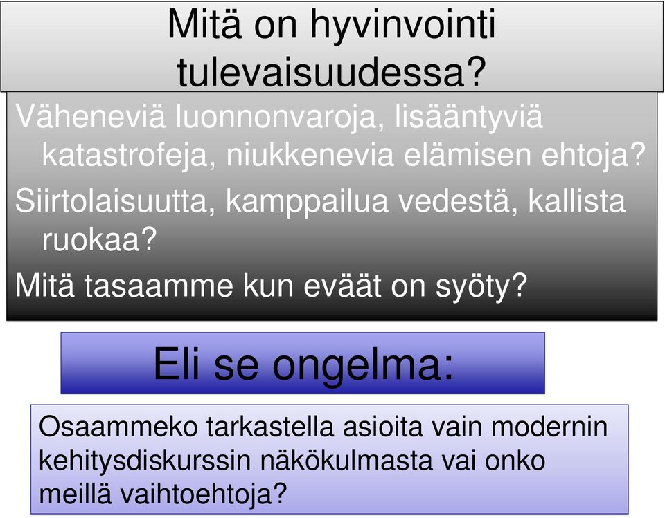 Siirtolaisuutta, kamppailua vedestä, kallista ruokaa?