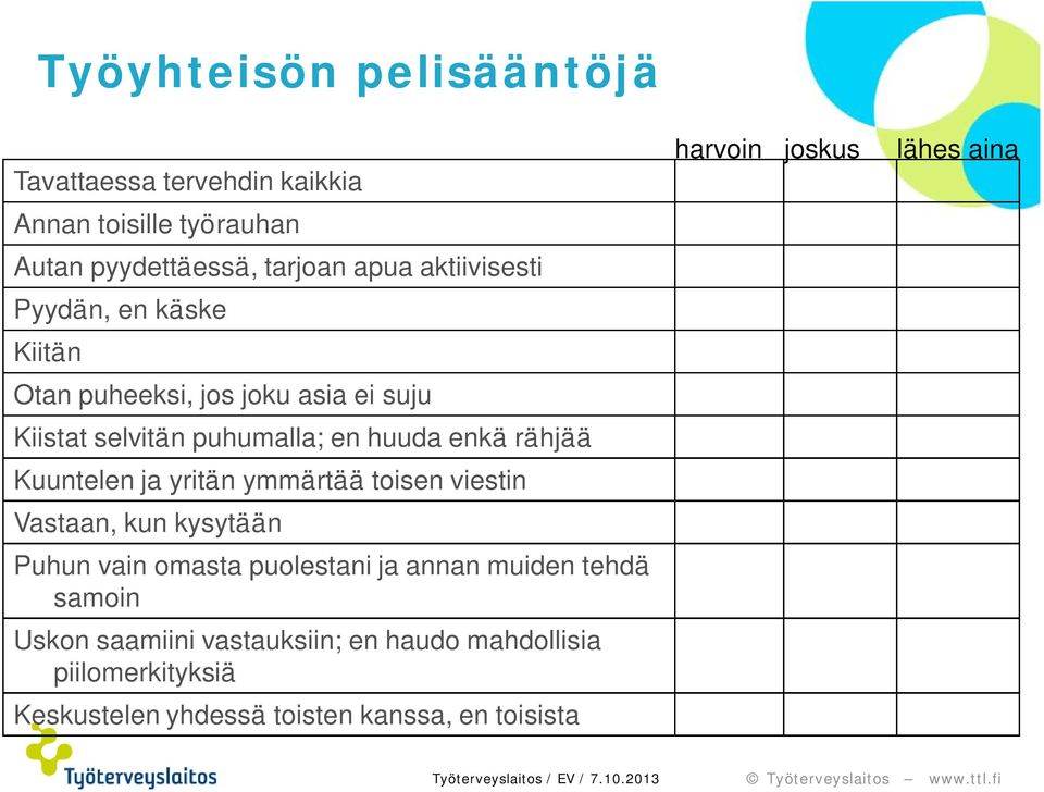 Kuuntelen ja yritän ymmärtää toisen viestin Vastaan, kun kysytään Puhun vain omasta puolestani ja annan muiden tehdä samoin