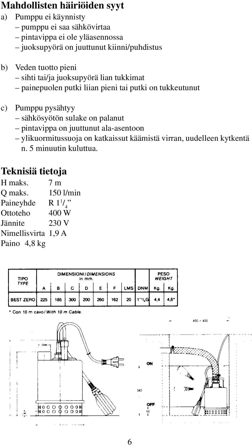 pysähtyy sähkösyötön sulake on palanut pintavippa on juuttunut ala-asentoon ylikuormitussuoja on katkaissut käämistä virran, uudelleen kytkentä