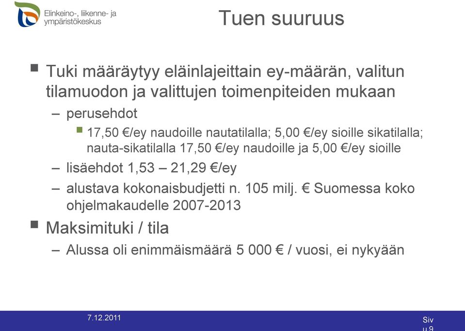 17,50 /ey naudoille ja 5,00 /ey sioille lisäehdot 1,53 21,29 /ey alustava kokonaisbudjetti n. 105 milj.