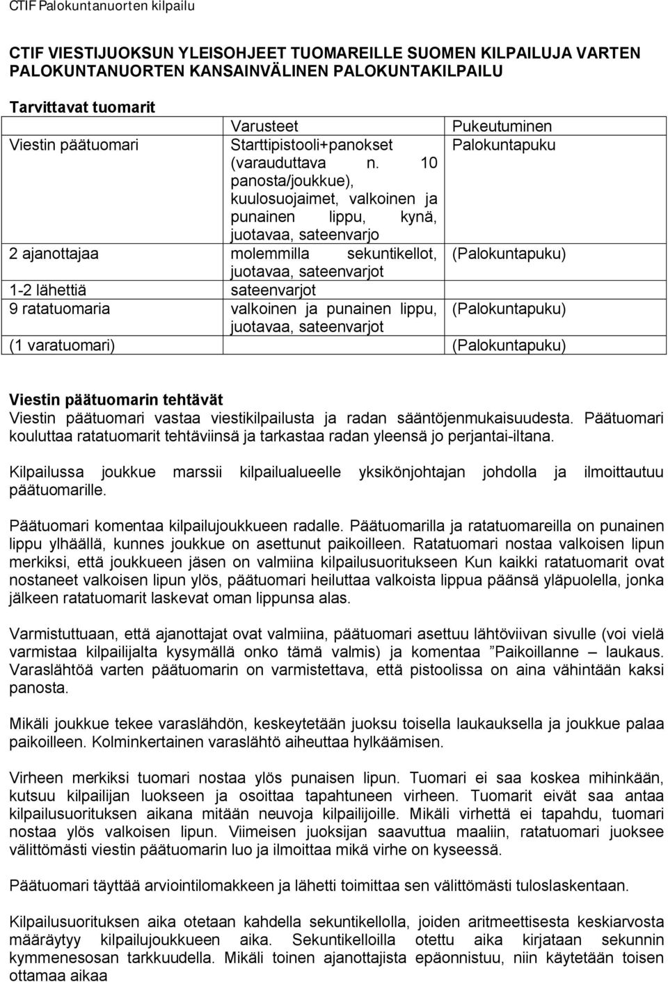 10 panosta/joukkue), kuulosuojaimet, valkoinen ja punainen lippu, kynä, juotavaa, sateenvarjo 2 ajanottajaa molemmilla sekuntikellot, (Palokuntapuku) juotavaa, sateenvarjot 1-2 lähettiä sateenvarjot