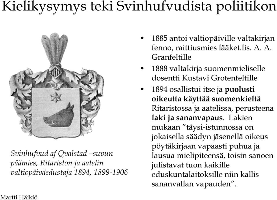 A. Granfeltille 1888 valtakirja suomenmieliselle dosentti Kustavi Grotenfeltille 1894 osallistui itse ja puolusti oikeutta käyttää suomenkieltä Ritaristossa