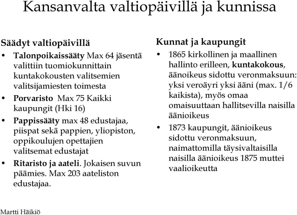 Max 203 aateliston edustajaa. Kunnat ja kaupungit 1865 kirkollinen ja maallinen hallinto erilleen, kuntakokous, äänoikeus sidottu veronmaksuun: yksi veroäyri yksi ääni (max.