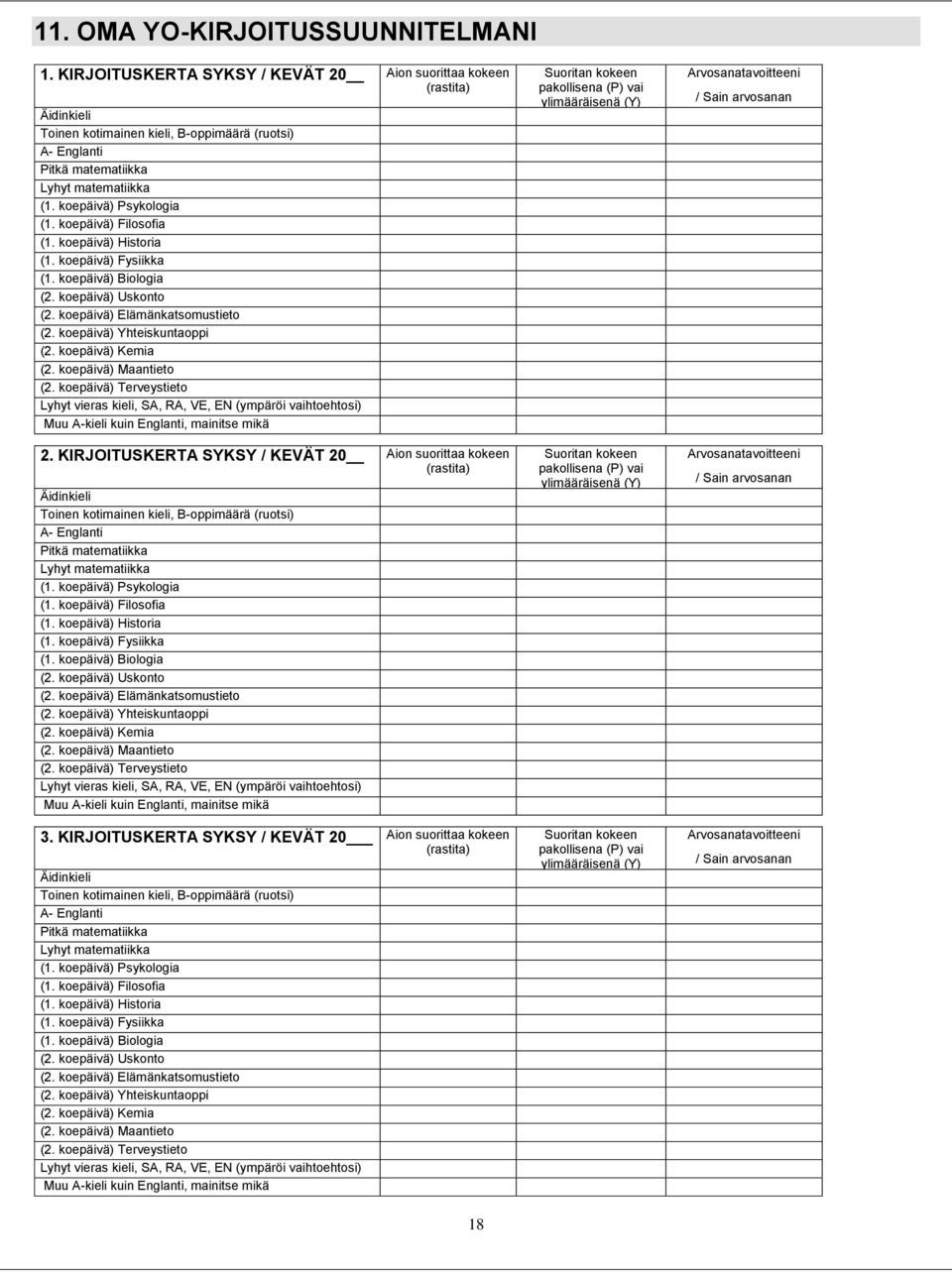koepäivä) Filosofia (1. koepäivä) Historia (1. koepäivä) Fysiikka (1. koepäivä) Biologia (2. koepäivä) Uskonto (2. koepäivä) Elämänkatsomustieto (2. koepäivä) Yhteiskuntaoppi (2. koepäivä) Kemia (2.