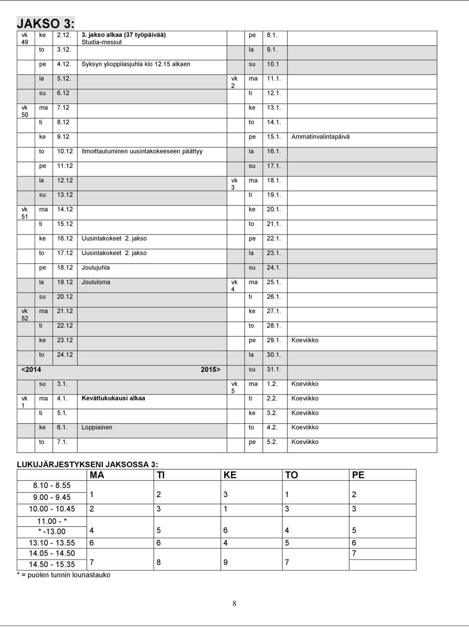 1. ti 15.12 to 21.1. ke 16.12 Uusintakokeet 2. jakso pe 22.1. to 17.12 Uusintakokeet 2. jakso la 23.1. pe 18.12 Joulujuhla su 24.1. la 19.12 Joululoma ma 25.1. 4 su 20.12 ti 26.1. 52 ma 21.12 ke 27.1. ti 22.