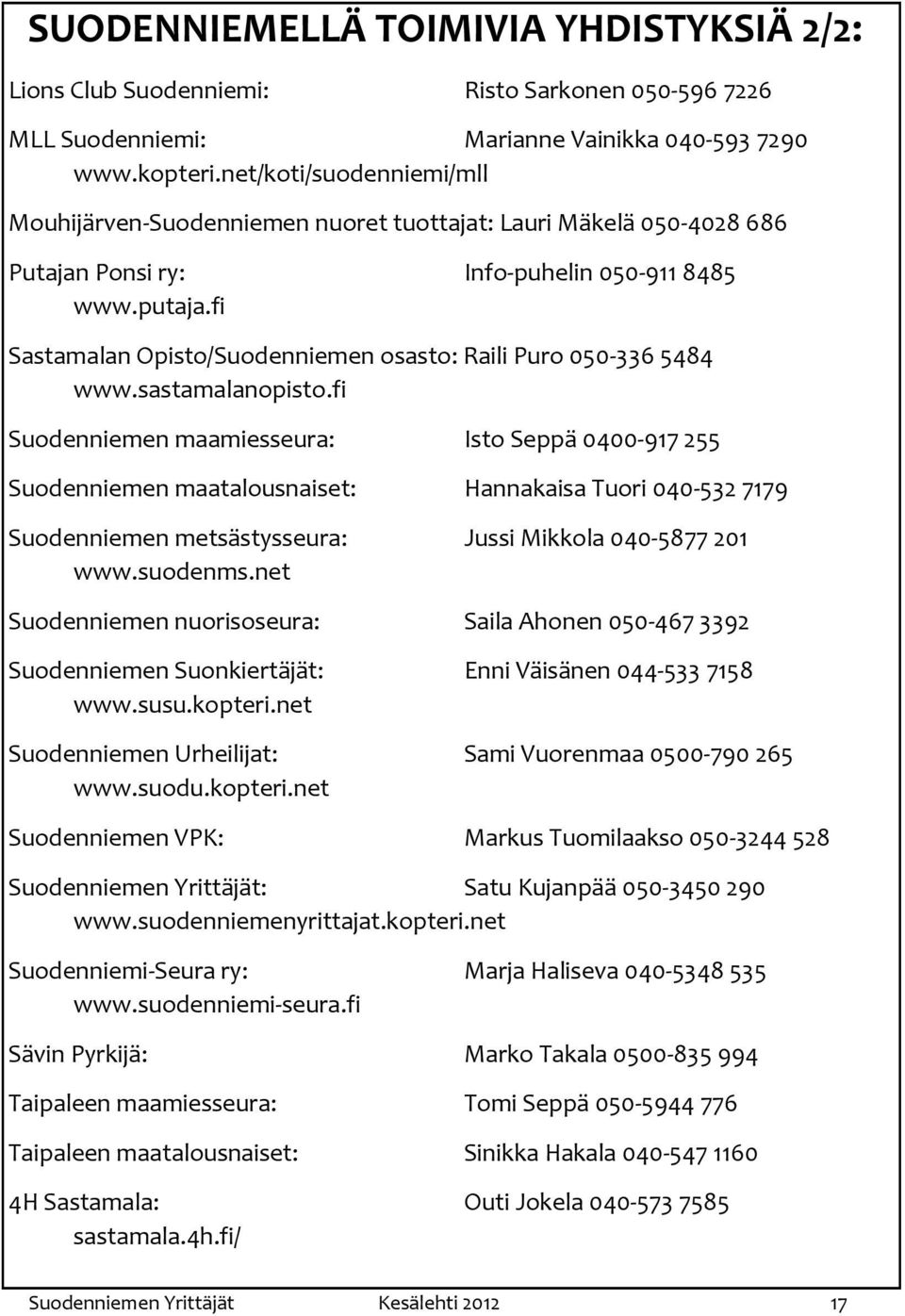 fi Sastamalan Opisto/Suodenniemen osasto: Raili Puro 050-336 5484 www.sastamalanopisto.