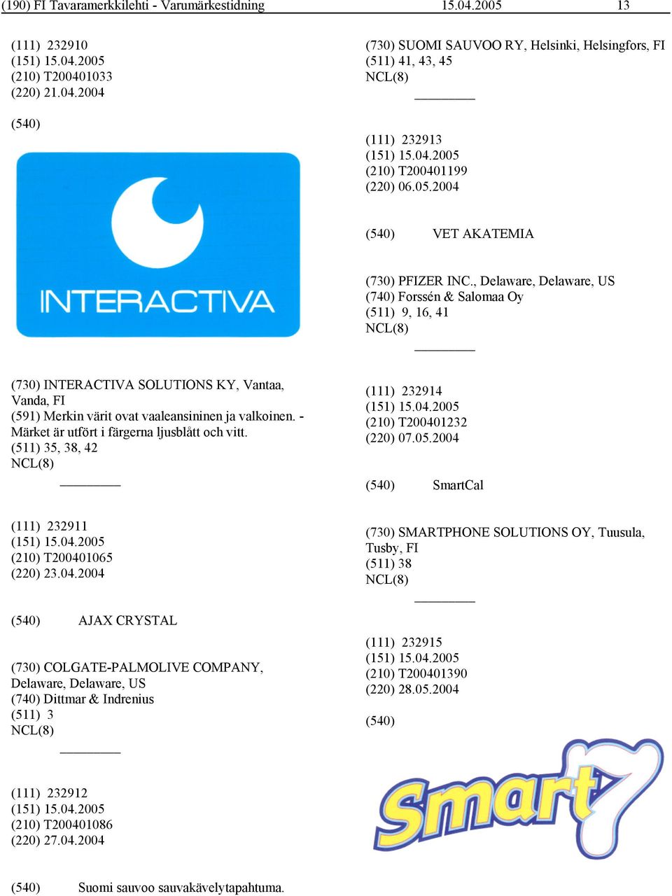 , Delaware, Delaware, US (740) Forssén & Salomaa Oy (511) 9, 16, 41 (730) INTERACTIVA SOLUTIONS KY, Vantaa, Vanda, FI (591) Merkin värit ovat vaaleansininen ja valkoinen.