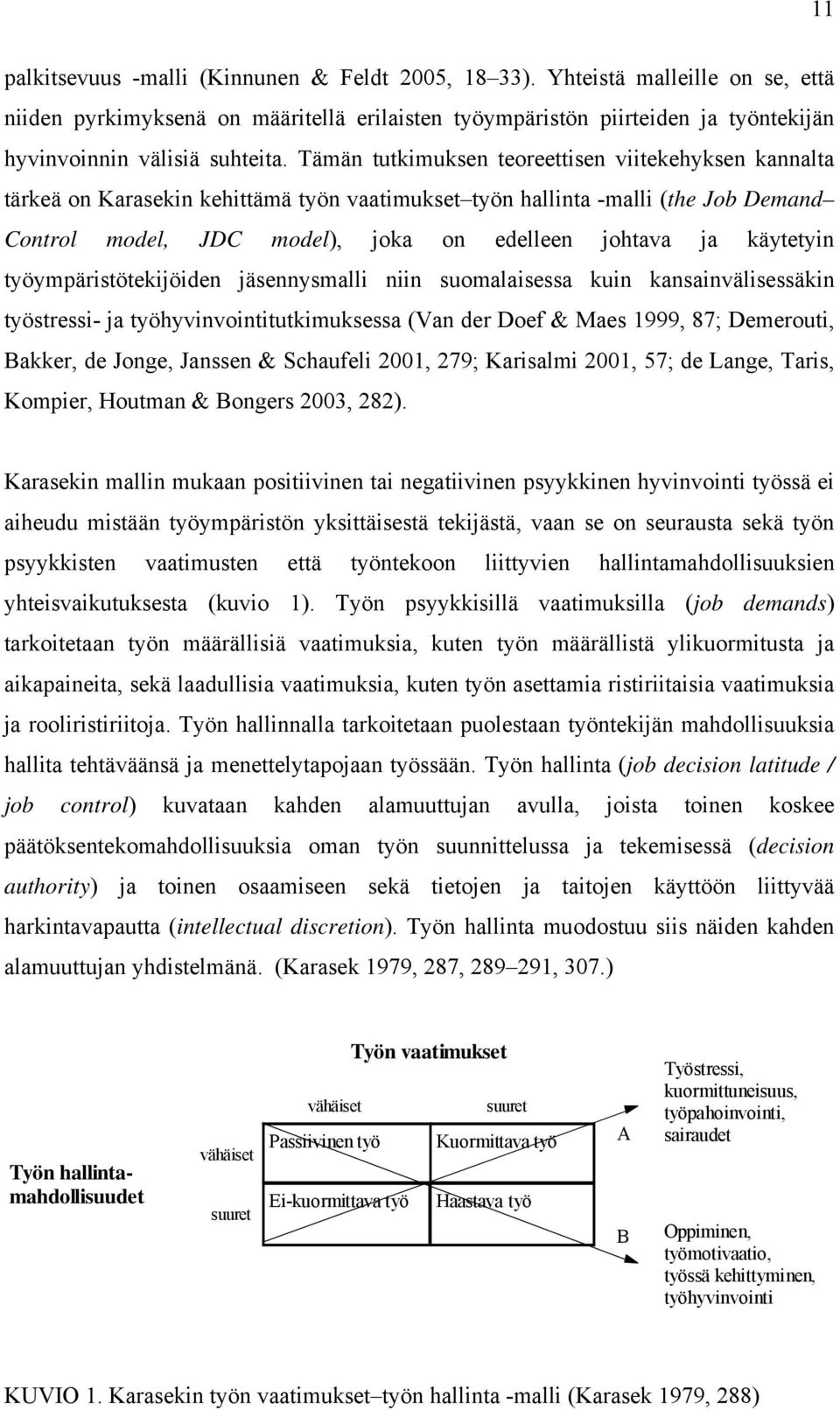 Tämän tutkimuksen teoreettisen viitekehyksen kannalta tärkeä on Karasekin kehittämä työn vaatimukset työn hallinta -malli (the Job Demand Control model, JDC model), joka on edelleen johtava ja