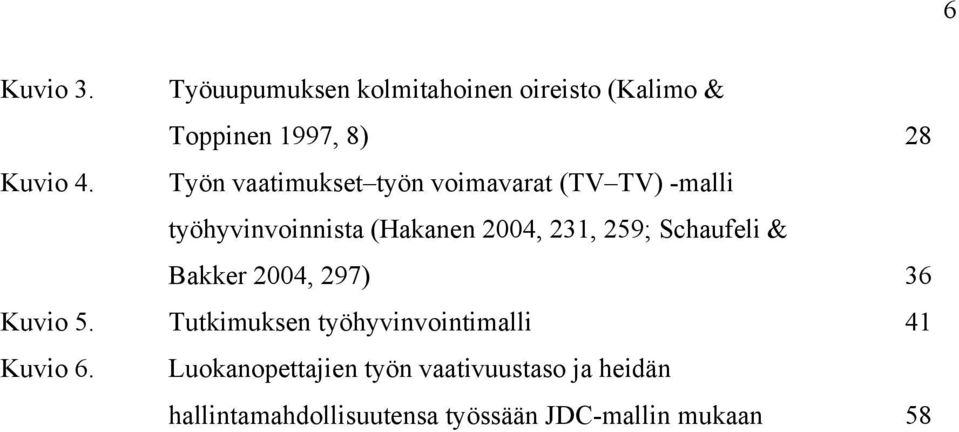 Schaufeli & Bakker 2004, 297) 36 Kuvio 5. Tutkimuksen työhyvinvointimalli 41 Kuvio 6.