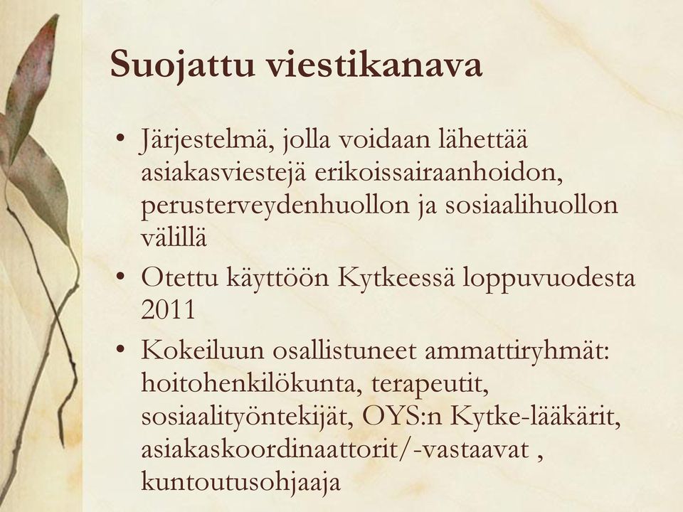 Kytkeessä loppuvuodesta 2011 Kokeiluun osallistuneet ammattiryhmät: hoitohenkilökunta,