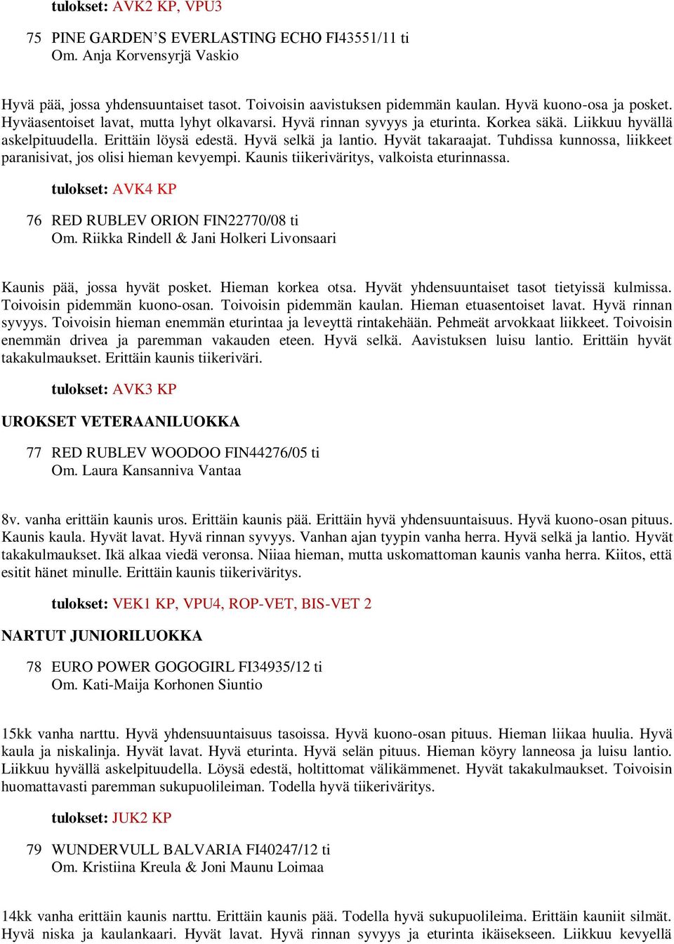 Hyvät takaraajat. Tuhdissa kunnossa, liikkeet paranisivat, jos olisi hieman kevyempi. Kaunis tiikeriväritys, valkoista eturinnassa. tulokset: AVK4 KP 76 RED RUBLEV ORION FIN22770/08 ti Om.