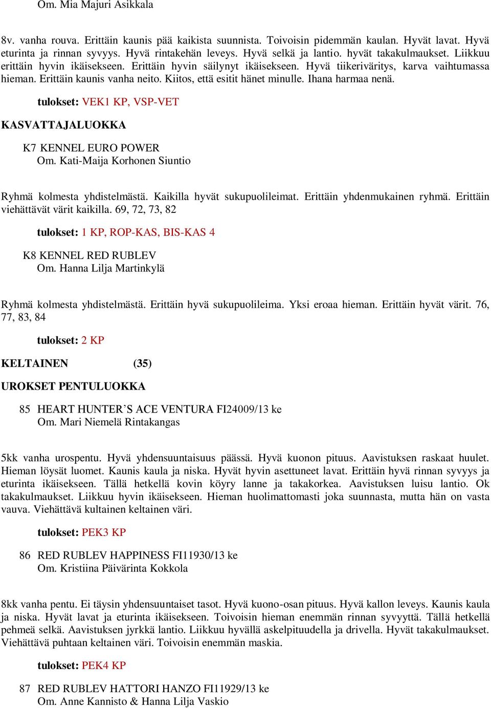 Kiitos, että esitit hänet minulle. Ihana harmaa nenä. tulokset: VEK1 KP, VSP-VET KASVATTAJALUOKKA K7 KENNEL EURO POWER Om. Kati-Maija Korhonen Siuntio Ryhmä kolmesta yhdistelmästä.