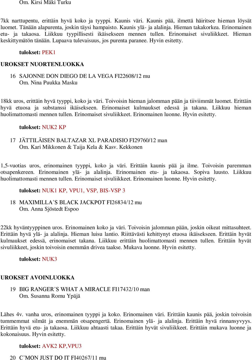 Hyvin esitetty. tulokset: PEK1 UROKSET NUORTENLUOKKA 16 SAJONNE DON DIEGO DE LA VEGA FI22608/12 mu Om. Nina Puukka Masku 18kk uros, erittäin hyvä tyyppi, koko ja väri.