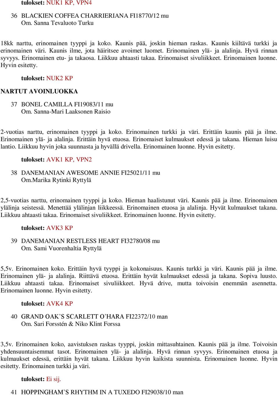 Erinomaiset sivuliikkeet. Erinomainen luonne. Hyvin esitetty. tulokset: NUK2 KP NARTUT AVOINLUOKKA 37 BONEL CAMILLA FI19083/11 mu Om.