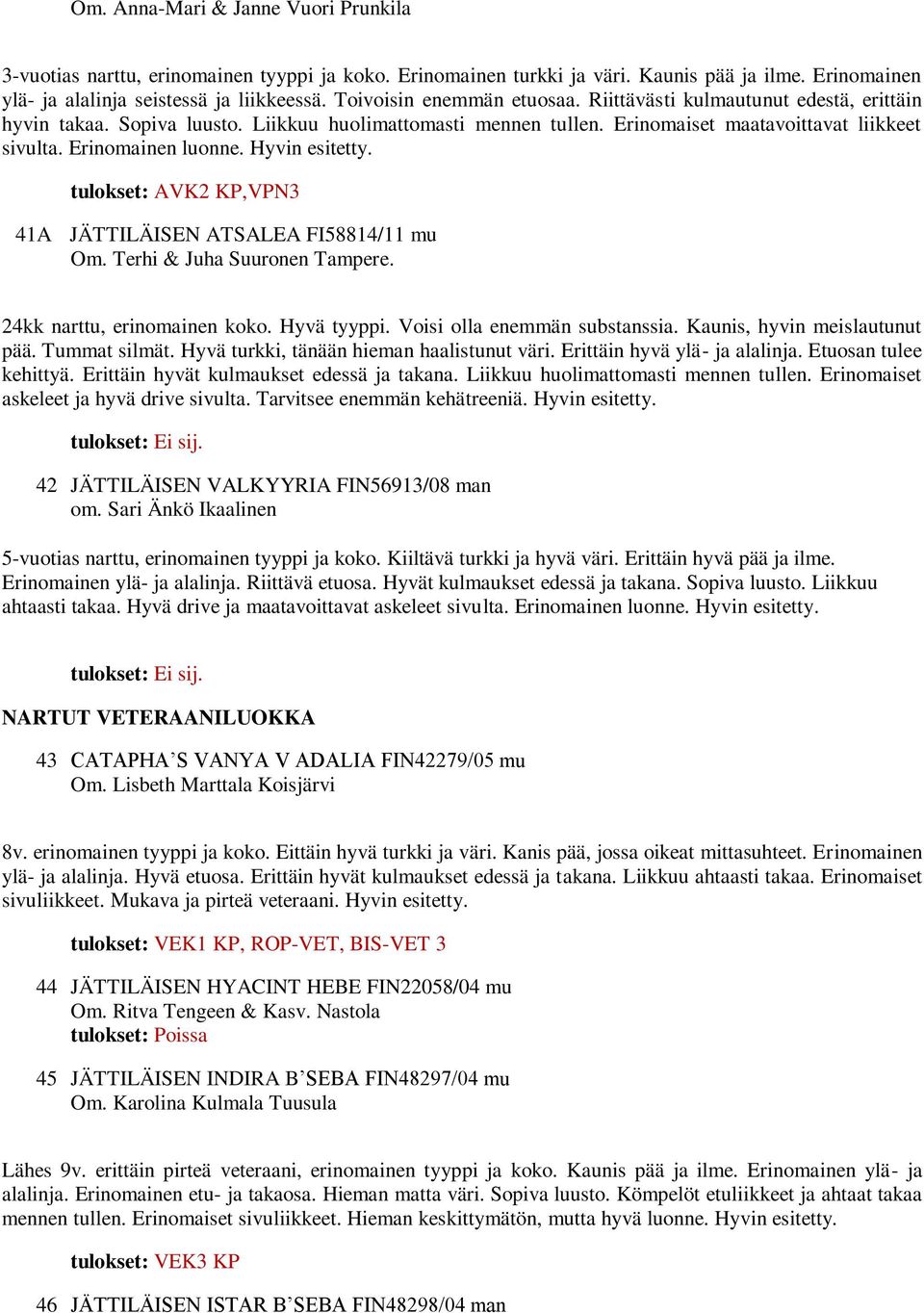 Hyvin esitetty. tulokset: AVK2 KP,VPN3 41A JÄTTILÄISEN ATSALEA FI58814/11 mu Om. Terhi & Juha Suuronen Tampere. 24kk narttu, erinomainen koko. Hyvä tyyppi. Voisi olla enemmän substanssia.