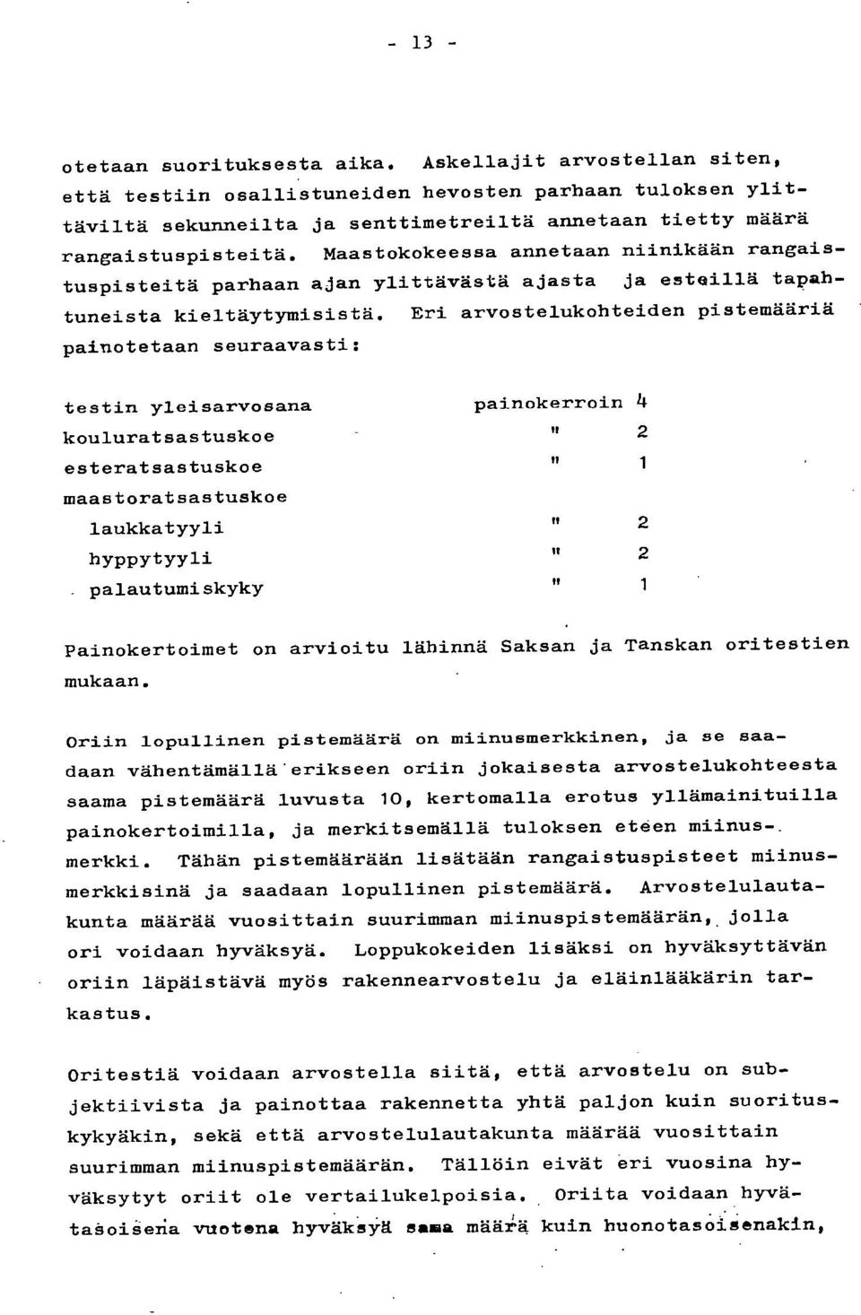 Maastokokeessa annetaan niinikään rangaistuspisteitä parhaan ajan ylittävästä ajasta ja esteillä tapahtuneista kieltäytymisistä.