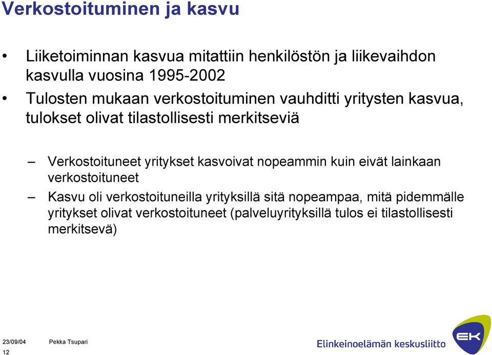 Verkostoituneet yritykset kasvoivat nopeammin kuin eivät lainkaan verkostoituneet Kasvu oli verkostoituneilla