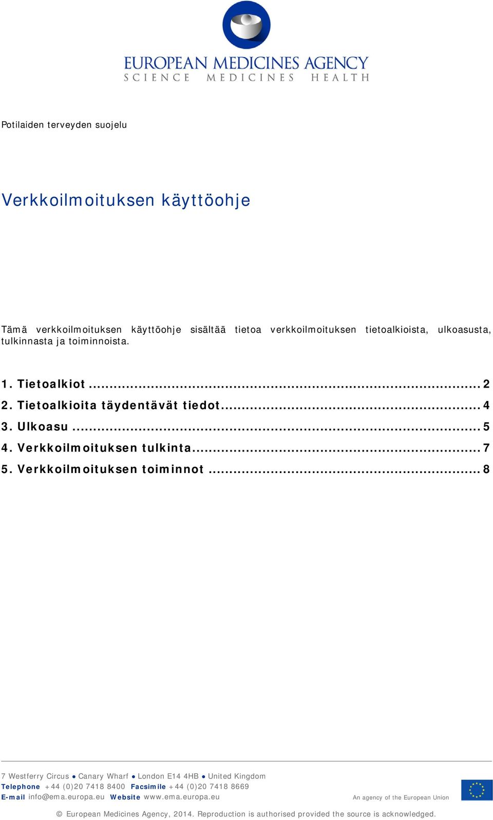 Verkkoilmoituksen toiminnot.