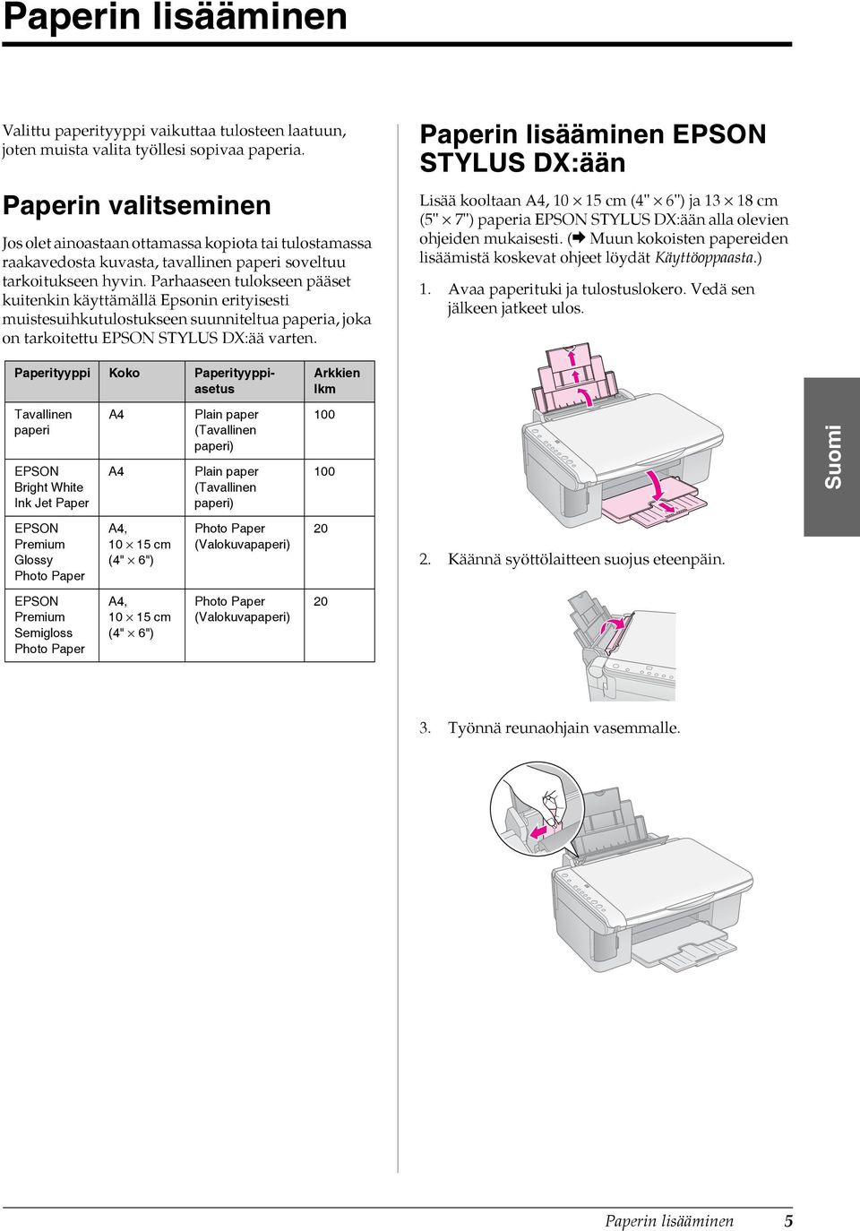 Parhaaseen tulokseen pääset kuitenkin käyttämällä Epsonin erityisesti muistesuihkutulostukseen suunniteltua paperia, joka on tarkoitettu EPSON STYLUS DX:ää varten.