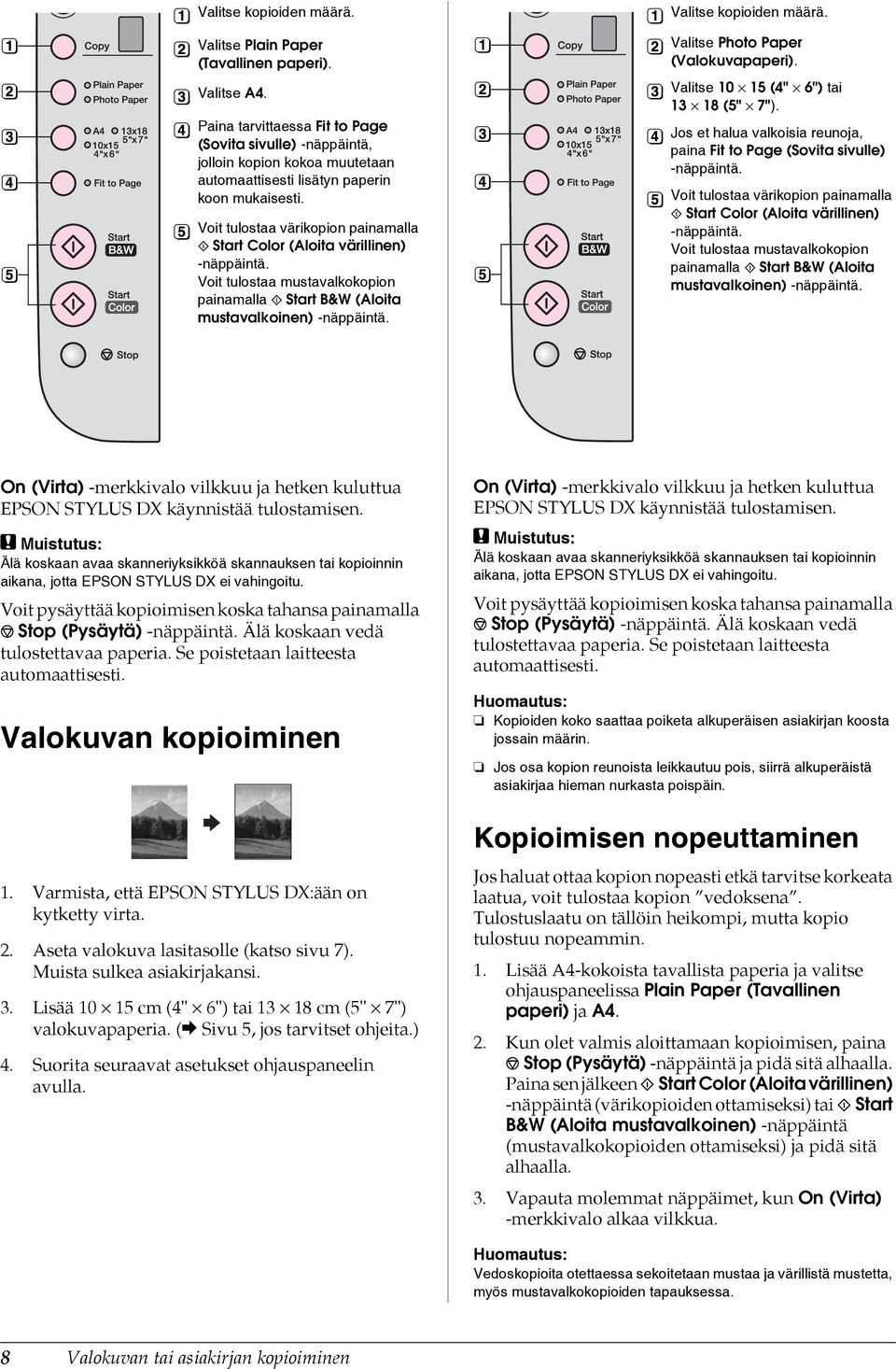 Voit tulostaa värikopion painamalla x Start Color (Aloita värillinen) -näppäintä. Voit tulostaa mustavalkokopion painamalla x Start B&W (Aloita mustavalkoinen) -näppäintä. Valitse kopioiden määrä.