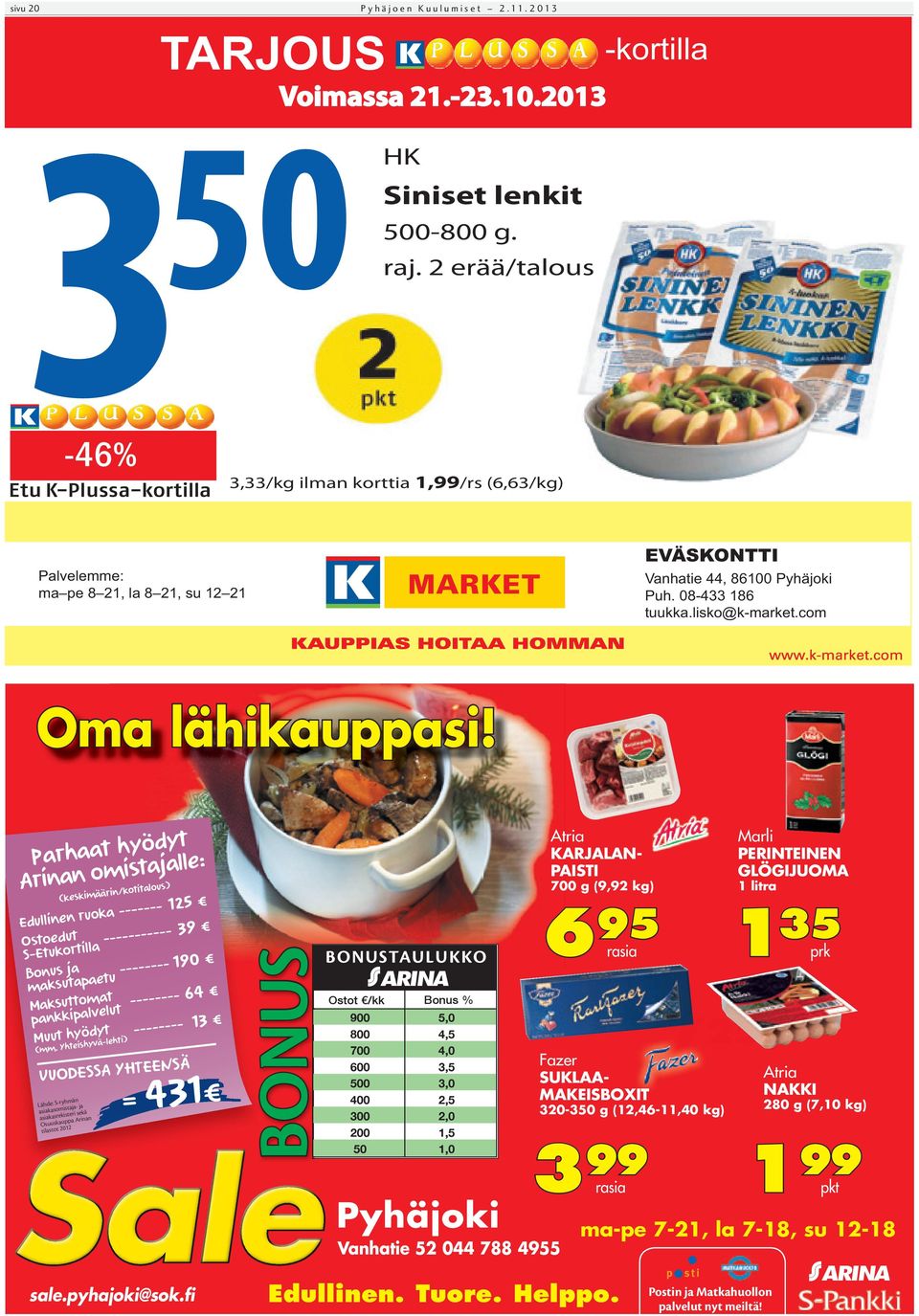 Parhaat hyödyt Arinan omistajalle: (keskimäärin/kotitalous) Edullinen ruoka ------- 125 Ostoedut ----------- S-Etukortilla 39 Bonus ja -------- maksutapaetu 190 Maksuttomat pankkipalvelut -------- 64