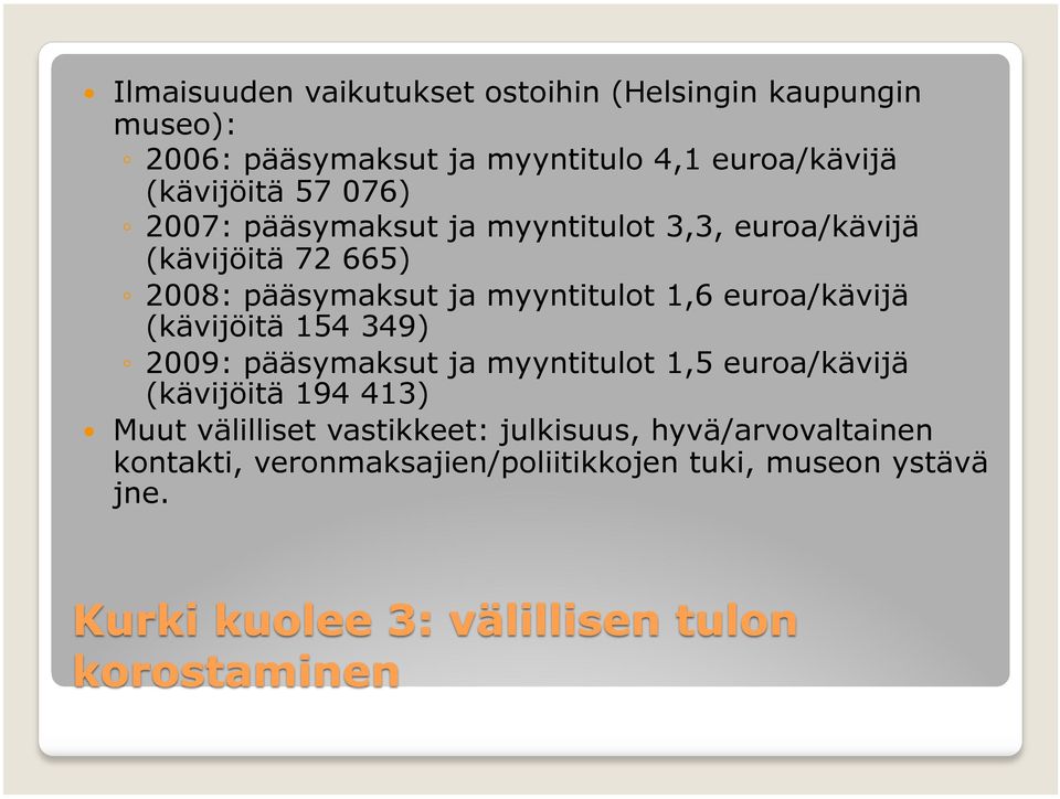 myyntitulot 1,6 euroa/kävijä (kävijöitä 154 349) 2009: pääsymaksut ja myyntitulot 1,5 euroa/kävijä (kävijöitä 194