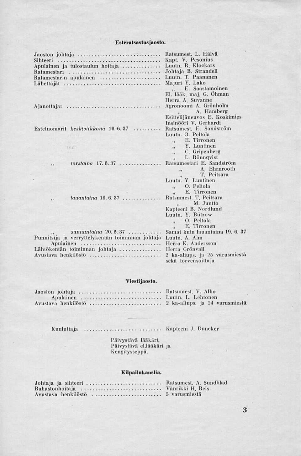 Koskimies Insinööri V. Gerhardi Estetuomarit keskiviikkona 16.6.37 Ratsumest. E. Sandström Luutn. O. Peltola E. Tirronen Y. Luntinen C. Gripenberg L. Rönnqvist torstaina 17.6.37 Ratsumestari E.