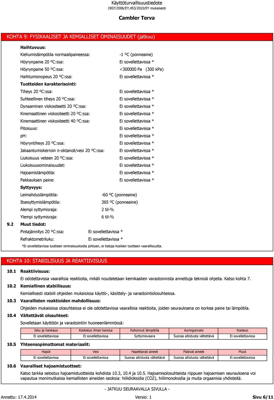 Tiheys 20 ºC:ssa: * Suhteellinen tiheys 20 ºC:ssa: * Dynaaminen viskositeetti 20 ºC:ssa: * Kinemaattinen viskositeetti 20 ºC:ssa: * Kinemaattinen viskositeetti 40 ºC:ssa: * Pitoisuus: * ph: *