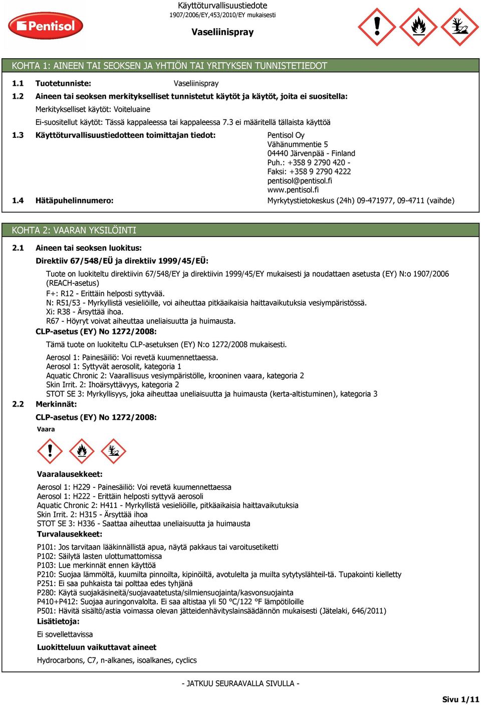 3 ei määritellä tällaista käyttöä Käyttöturvallisuustiedotteen toimittajan tiedot: Hätäpuhelinnumero: Pentisol Oy Vähänummentie 5 04440 Järvenpää - Finland Puh.